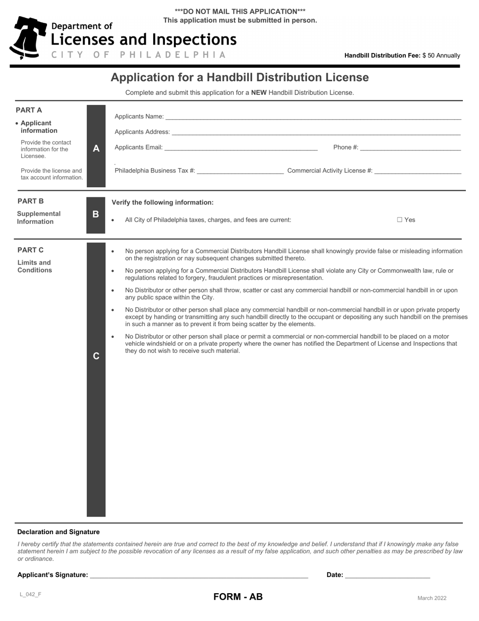 Form AB (L_042_F) Application for a Handbill Distribution License - City of Philadelphia, Pennsylvania, Page 1