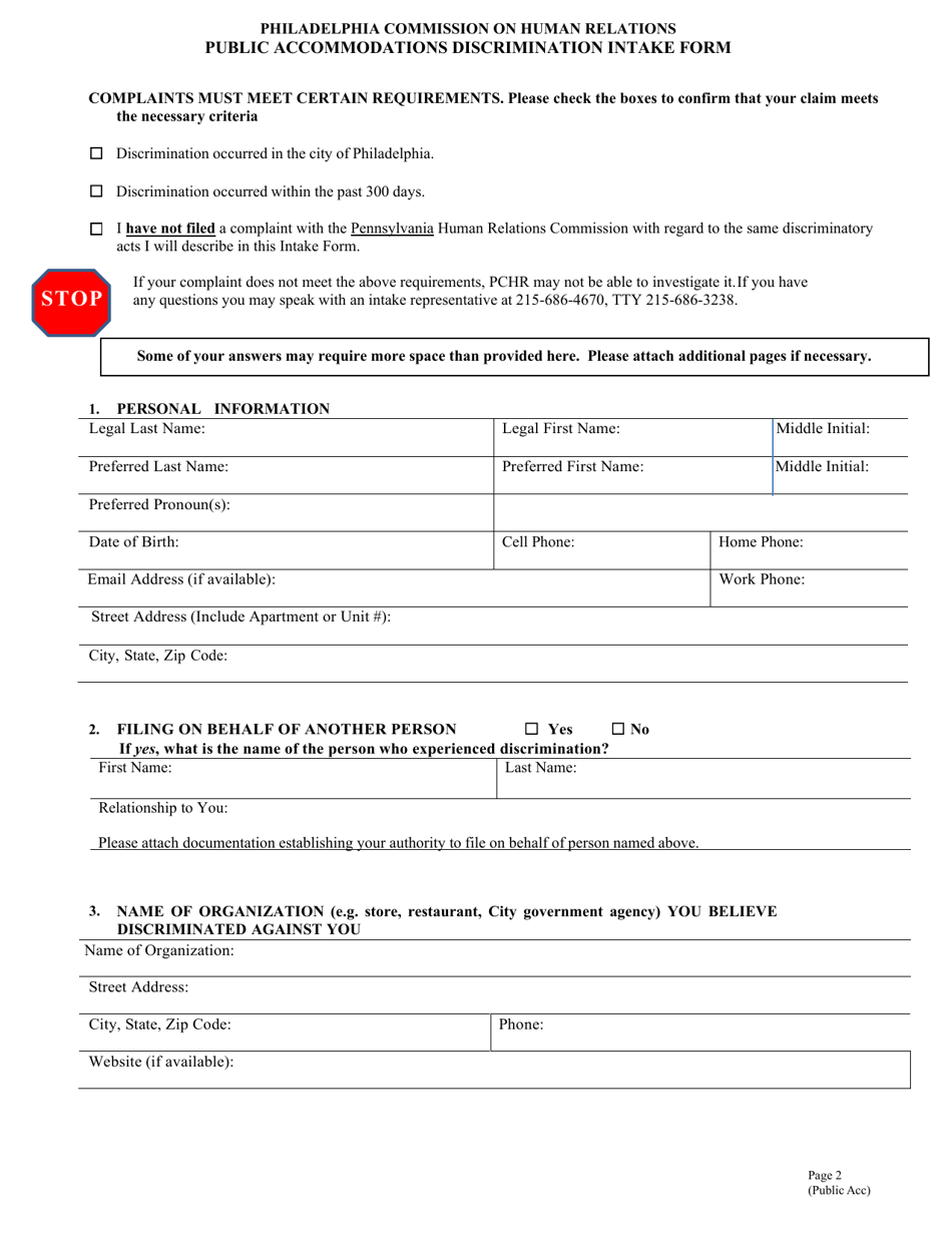 Public Accommodations Discrimination Intake Form - City of Philadelphia, Pennsylvania, Page 2