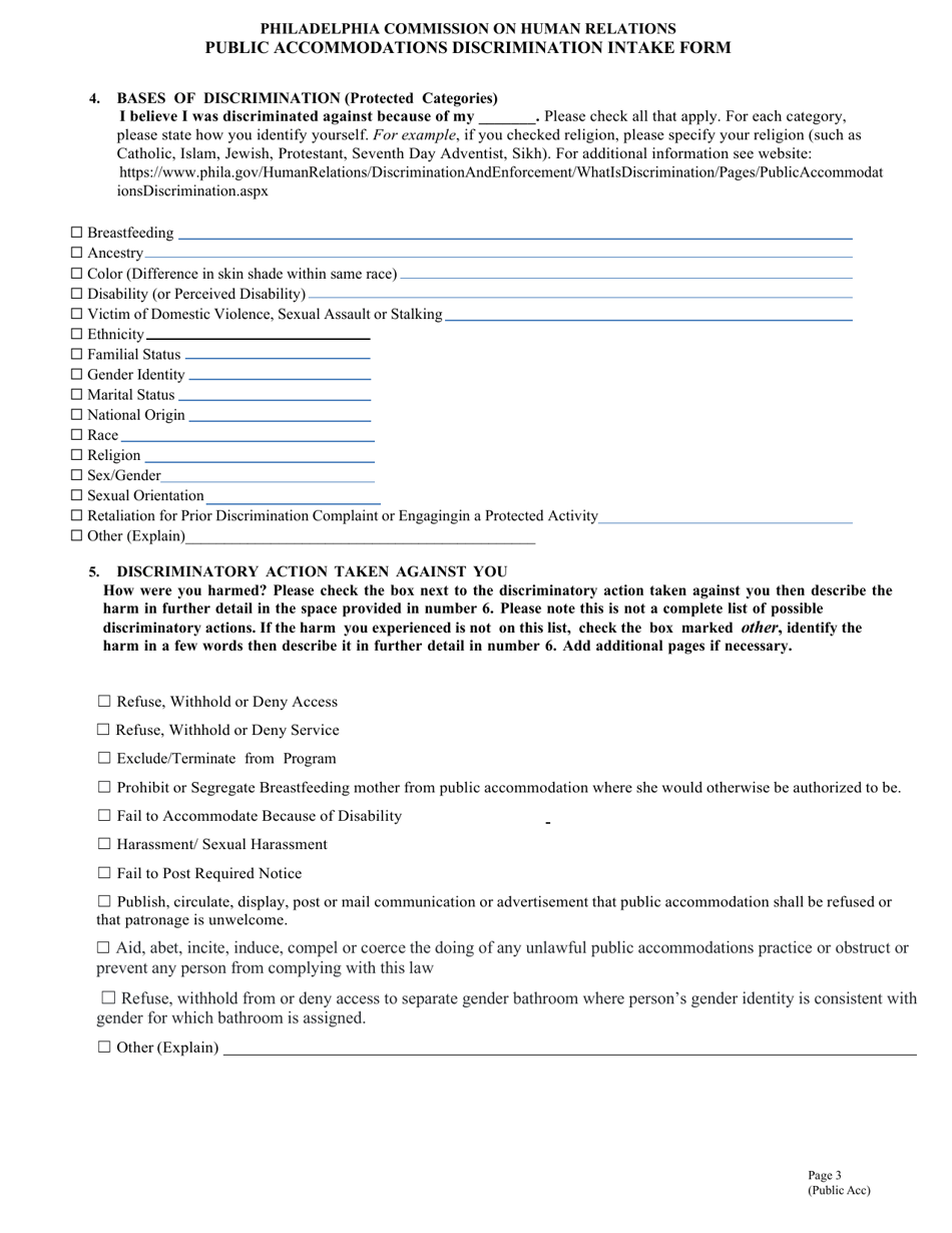 Public Accommodations Discrimination Intake Form - City of Philadelphia, Pennsylvania, Page 3