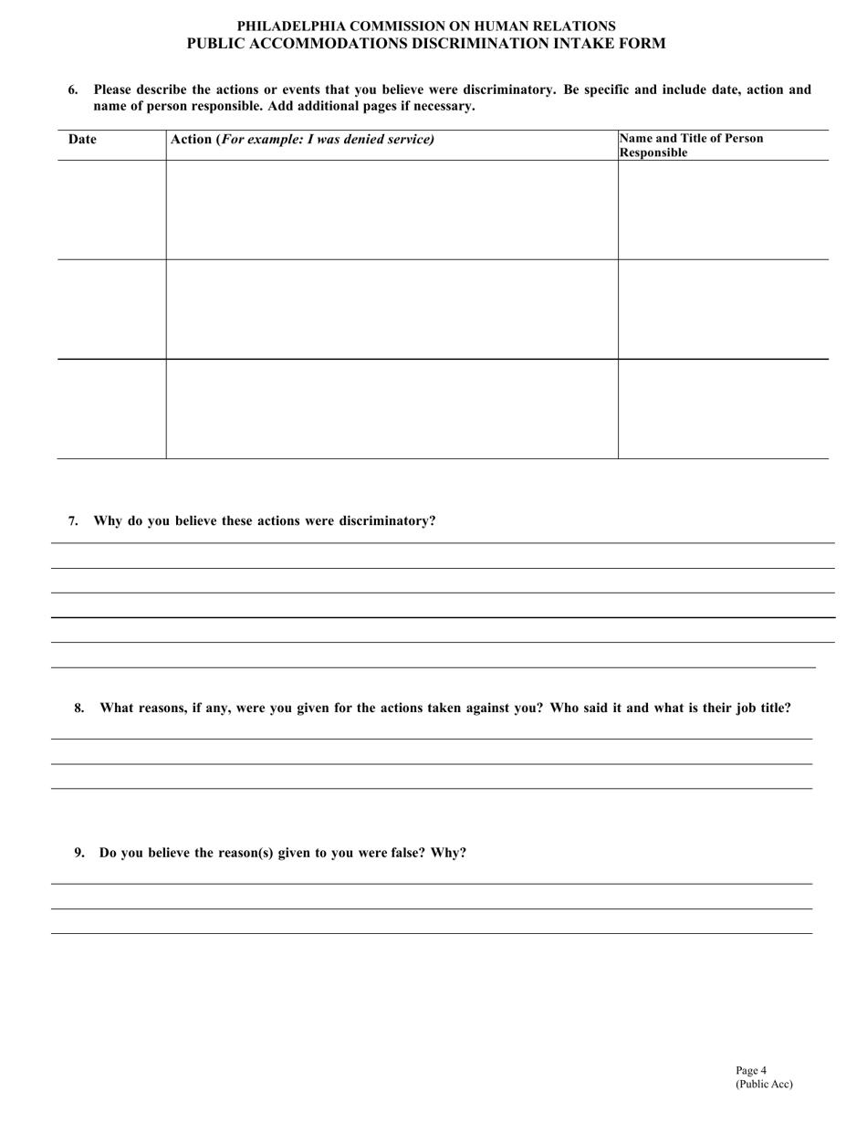 Public Accommodations Discrimination Intake Form - City of Philadelphia, Pennsylvania, Page 4