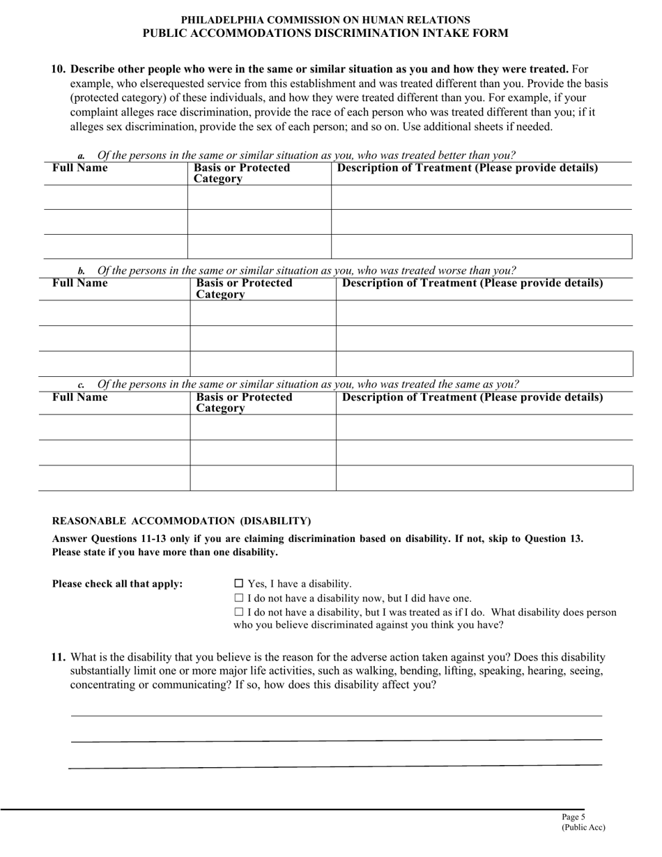 Public Accommodations Discrimination Intake Form - City of Philadelphia, Pennsylvania, Page 5