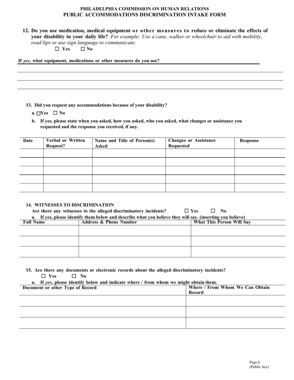 Public Accommodations Discrimination Intake Form - City of Philadelphia, Pennsylvania, Page 6