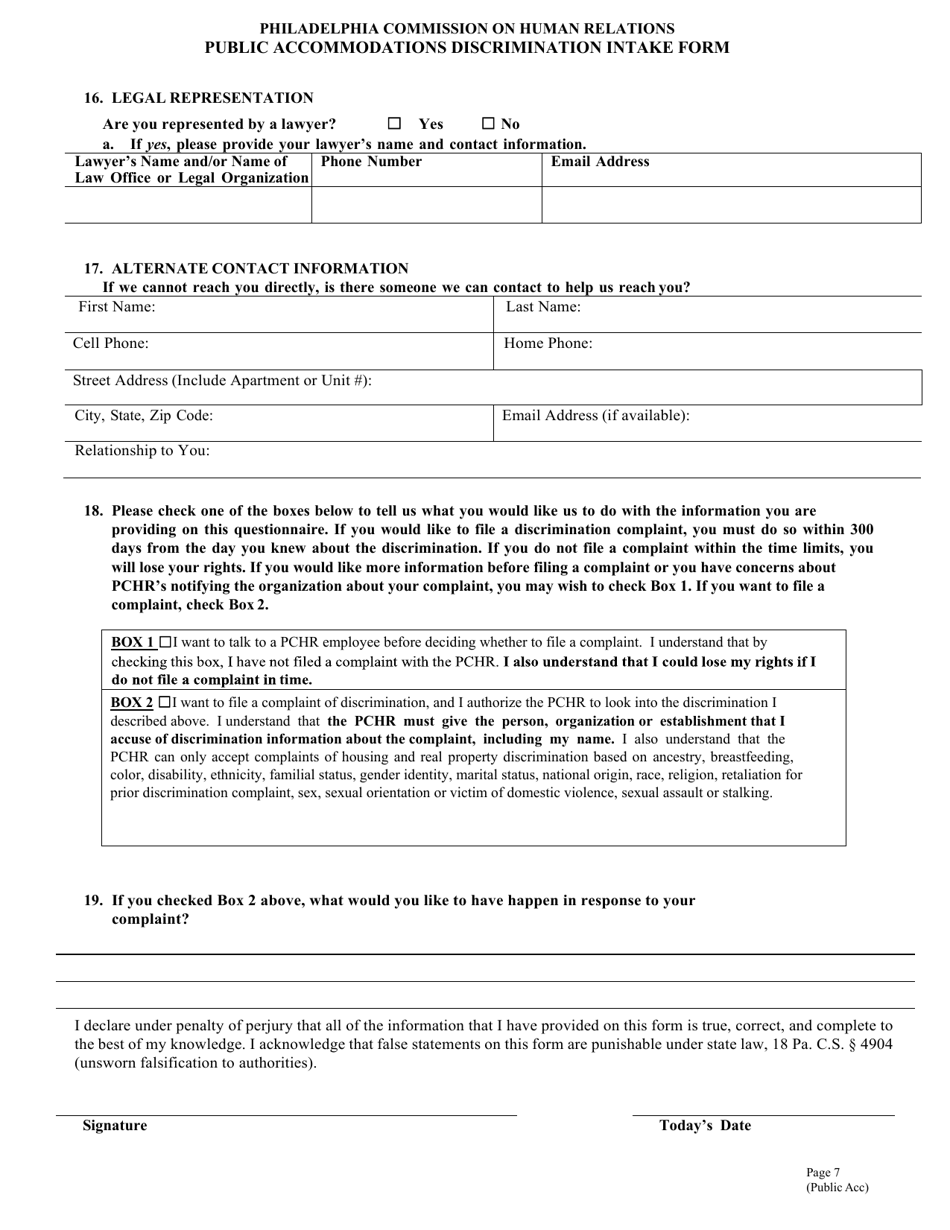 Public Accommodations Discrimination Intake Form - City of Philadelphia, Pennsylvania, Page 7