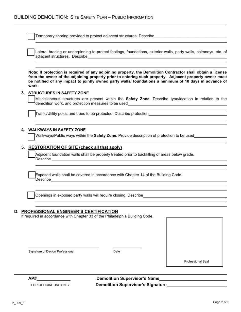 Form P_009_F Building Demolition Site Safety Plan Public Information - City of Philadelphia, Pennsylvania, Page 2