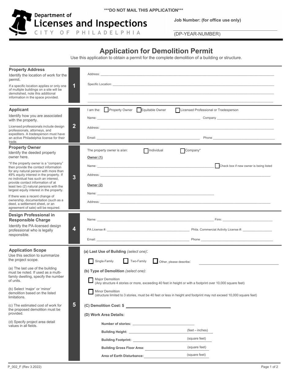 Form P_002_F Application for Demolition Permit - City of Philadelphia, Pennsylvania, Page 1