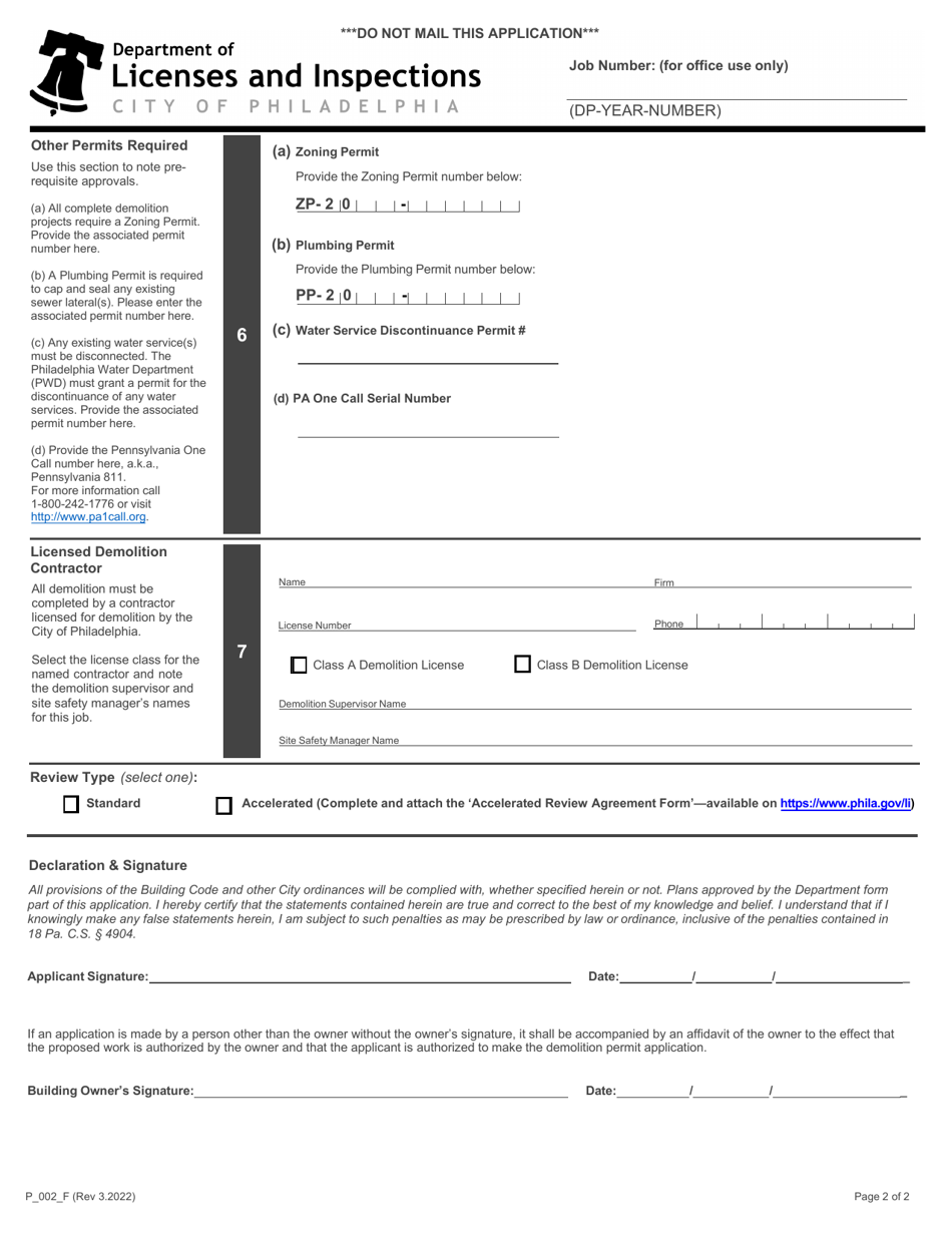 Form P_002_F Application for Demolition Permit - City of Philadelphia, Pennsylvania, Page 2