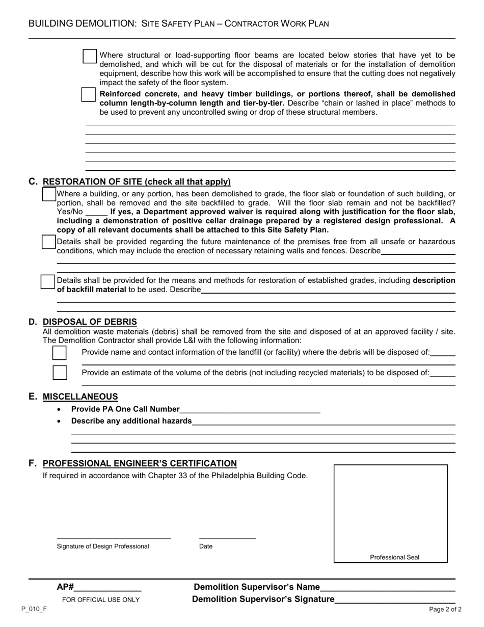 Form P_010_F Building Demolition Site Safety Plan Contractor Work Plan - City of Philadelphia, Pennsylvania, Page 2