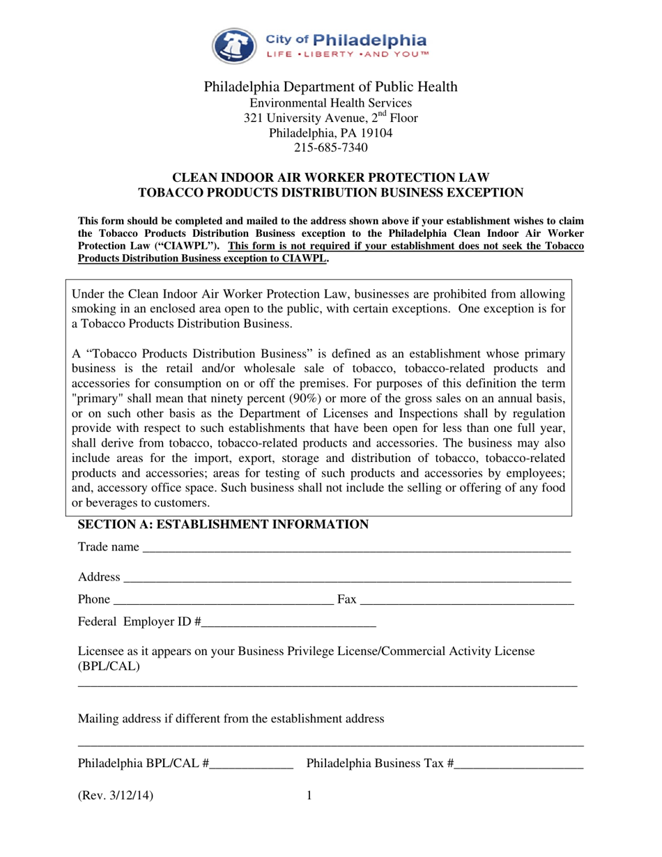 Clean Indoor Air Worker Protection Law Tobacco Products Distribution Business Exception - City of Philadelphia, Pennsylvania, Page 1
