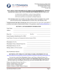 Document preview: New Application for Specialty Tobacco Establishments Seeking Exemption From the Clean Indoor Air Worker Protection Law - City of Philadelphia, Pennsylvania