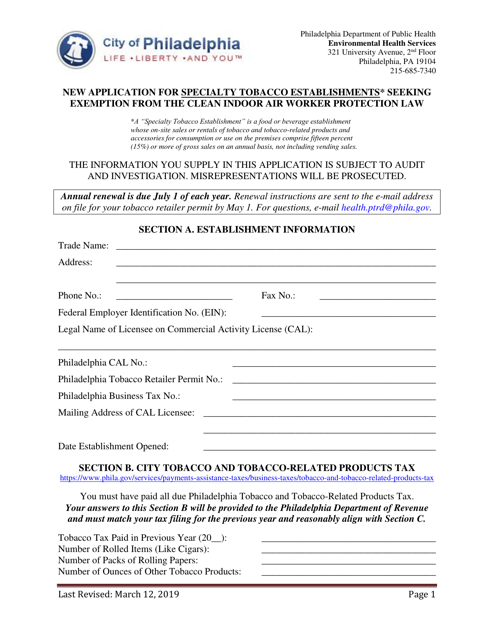 New Application for Specialty Tobacco Establishments Seeking Exemption From the Clean Indoor Air Worker Protection Law - City of Philadelphia, Pennsylvania Download Pdf