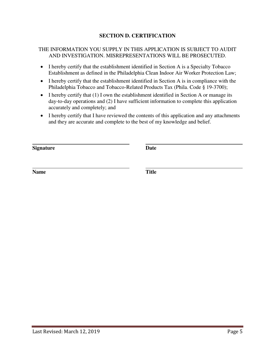 New Application for Specialty Tobacco Establishments Seeking Exemption From the Clean Indoor Air Worker Protection Law - City of Philadelphia, Pennsylvania, Page 5