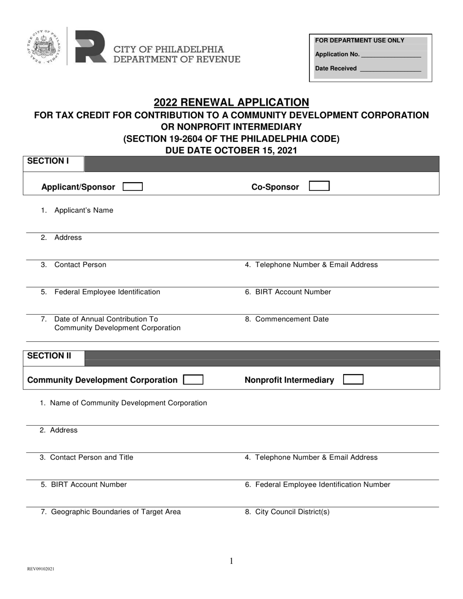 Community Development Corporation Tax Credit Renewal Application - City of Philadelphia, Pennsylvania, Page 1