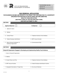 Document preview: Healthy Food Initiative Tax Credit Renewal Application Form - City of Philadelphia, Pennsylvania, 2022