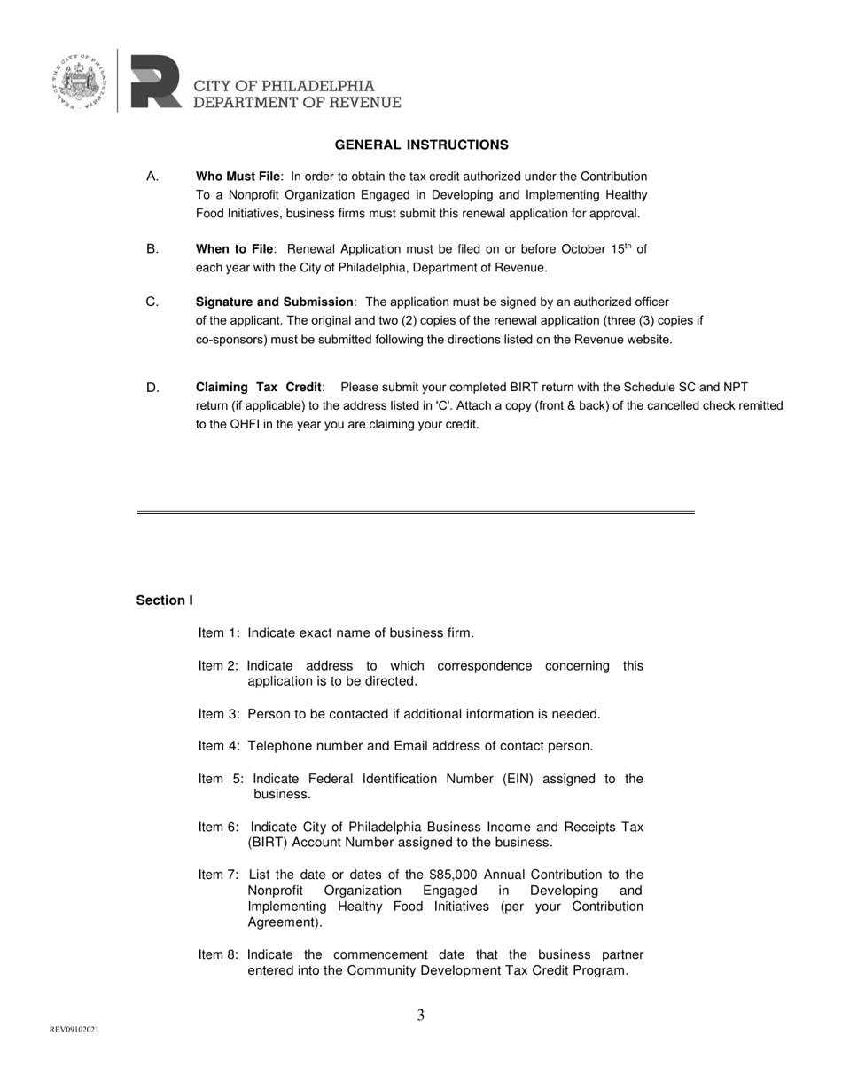 Healthy Food Initiative Tax Credit Renewal Application Form - City of Philadelphia, Pennsylvania, Page 3