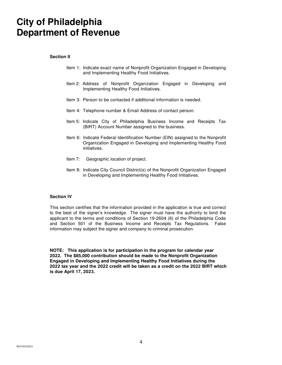 Healthy Food Initiative Tax Credit Renewal Application Form - City of Philadelphia, Pennsylvania, Page 4