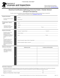 Document preview: Form EP_005_F Electrical Certification Deficiency Form for Public/Charter School (Group E Occupancy) - City of Philadelphia, Pennsylvania