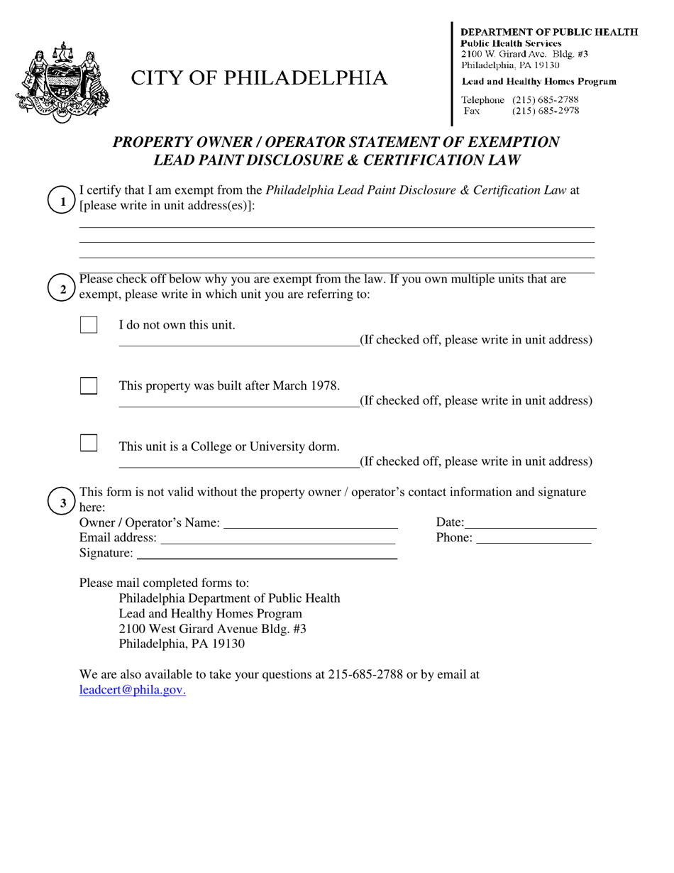 Property Owner / Operator Statement of Exemption Lead Paint Disclosure  Certification Law - City of Philadelphia, Pennsylvania, Page 1