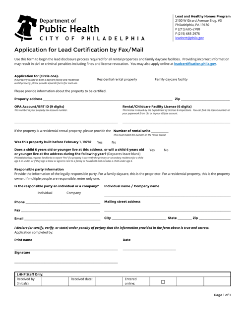 Application for Lead Certification by Fax/Mail - City of Philadelphia, Pennsylvania