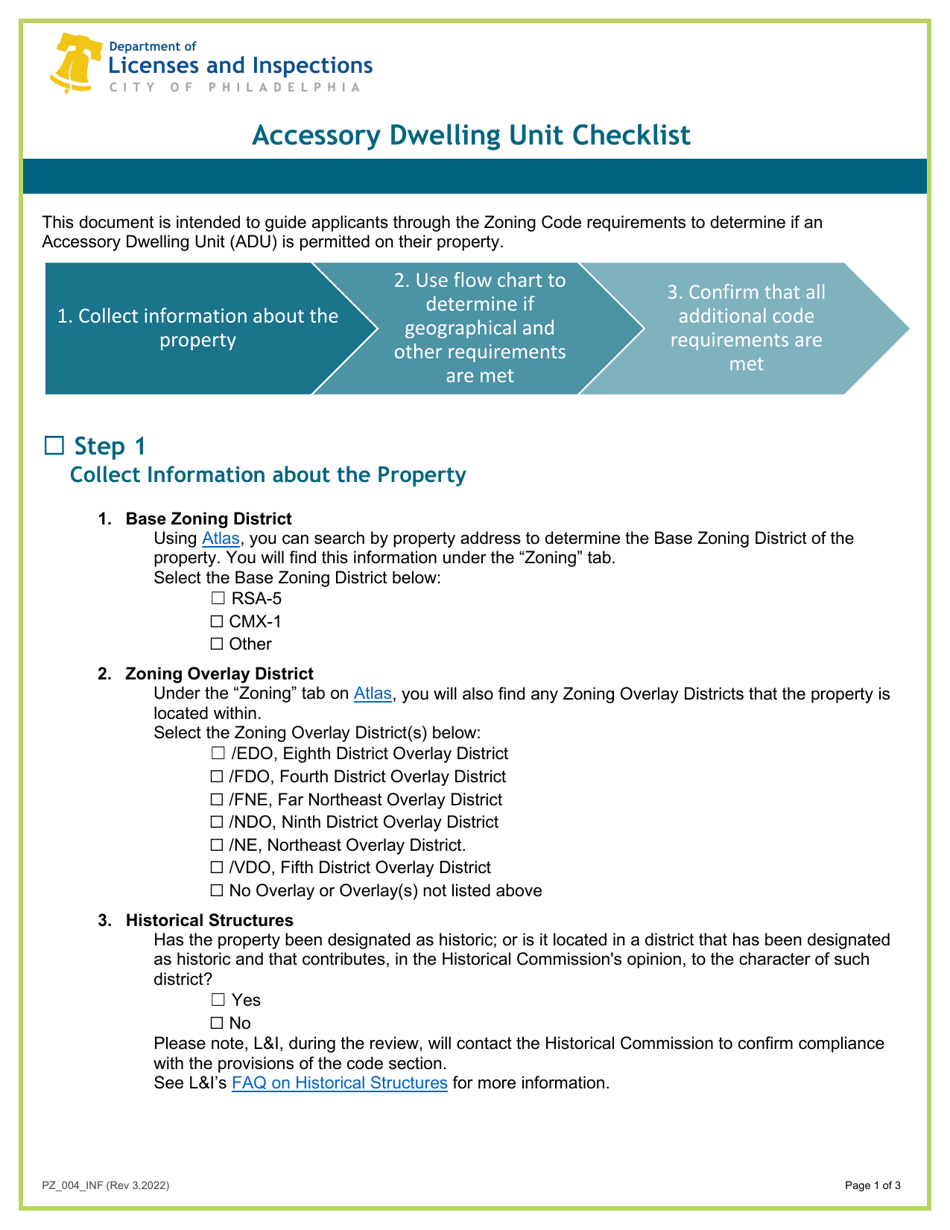 Form PZ_004_INF Accessory Dwelling Unit Checklist - City of Philadelphia, Pennsylvania, Page 1