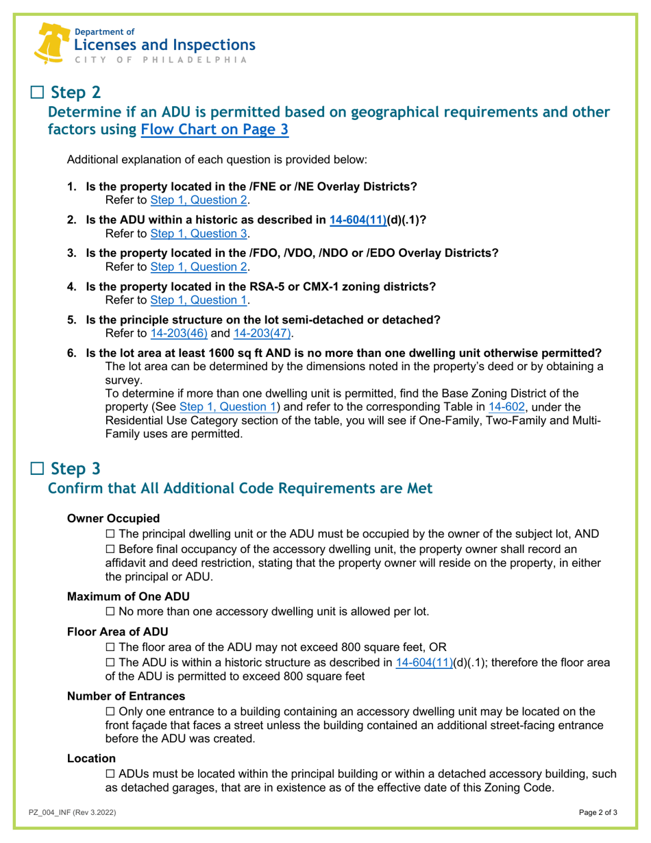 Form PZ_004_INF Accessory Dwelling Unit Checklist - City of Philadelphia, Pennsylvania, Page 2