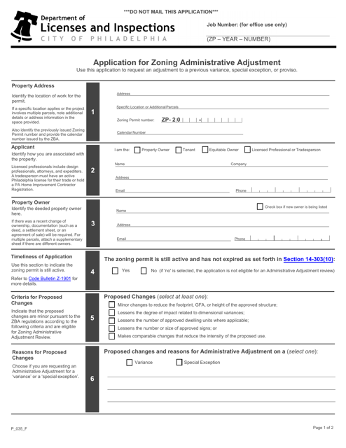Form P_035_F Application for Zoning Administrative Adjustment - City of Philadelphia, Pennsylvania