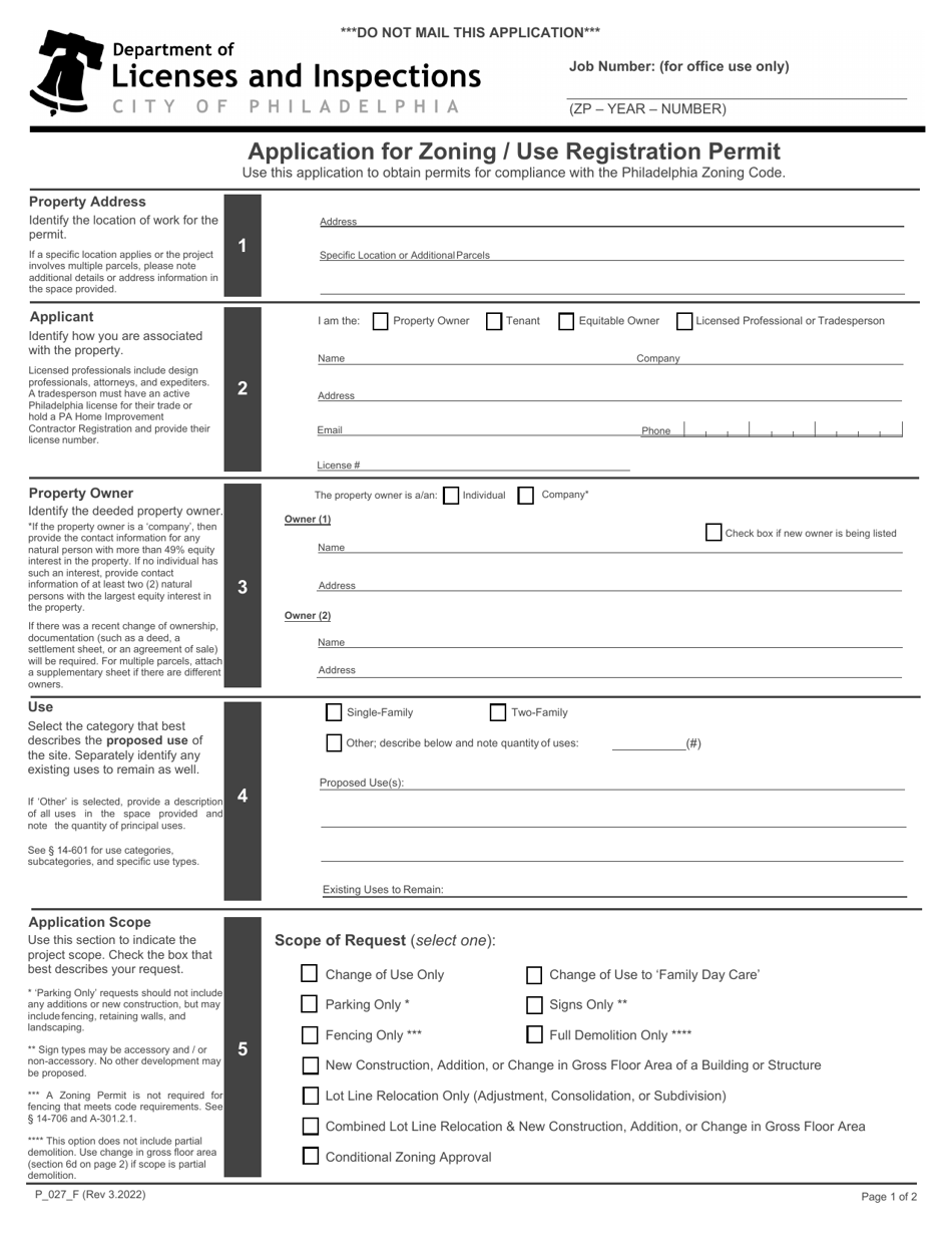 Form P_027_F Application for Zoning / Use Registration Permit - City of Philadelphia, Pennsylvania, Page 1