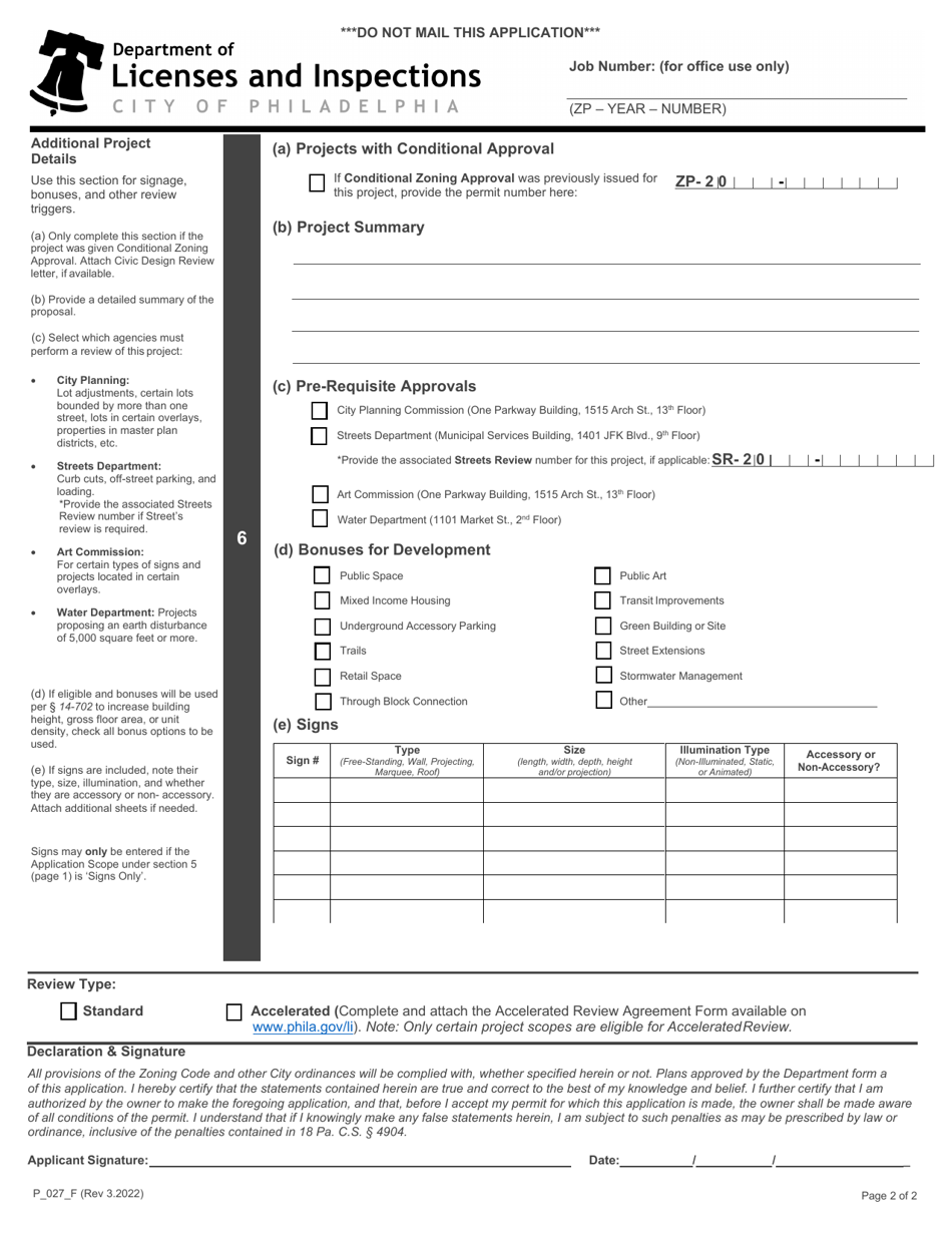 Form P_027_F Application for Zoning / Use Registration Permit - City of Philadelphia, Pennsylvania, Page 2