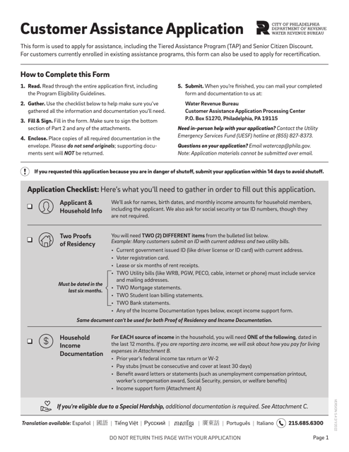 Customer Assistance Application Checklist - City of Philadelphia, Pennsylvania Download Pdf