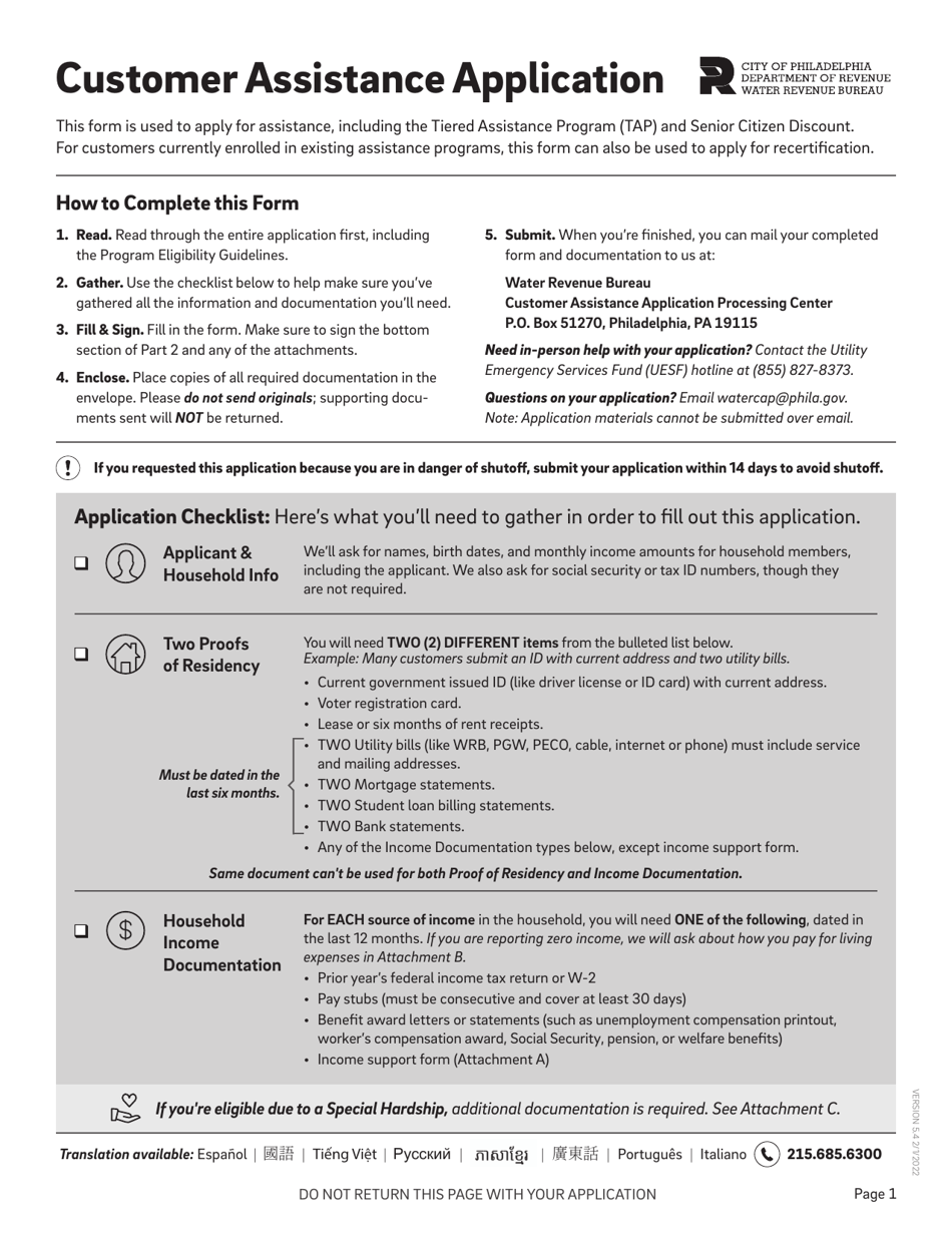 Customer Assistance Application Checklist - City of Philadelphia, Pennsylvania, Page 1