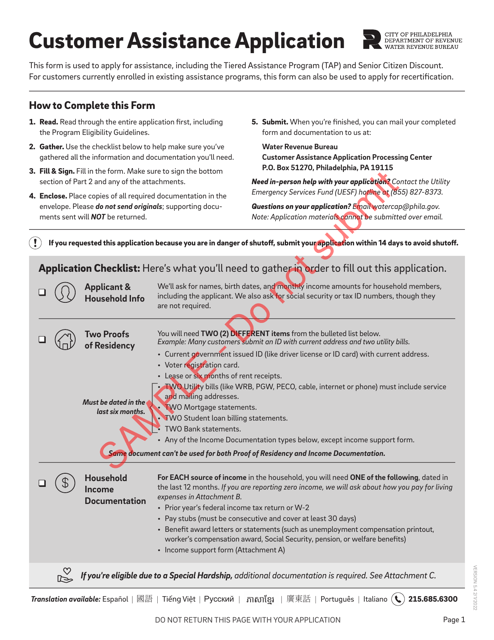 Customer Assistance Application - Sample - City of Philadelphia, Pennsylvania Download Pdf