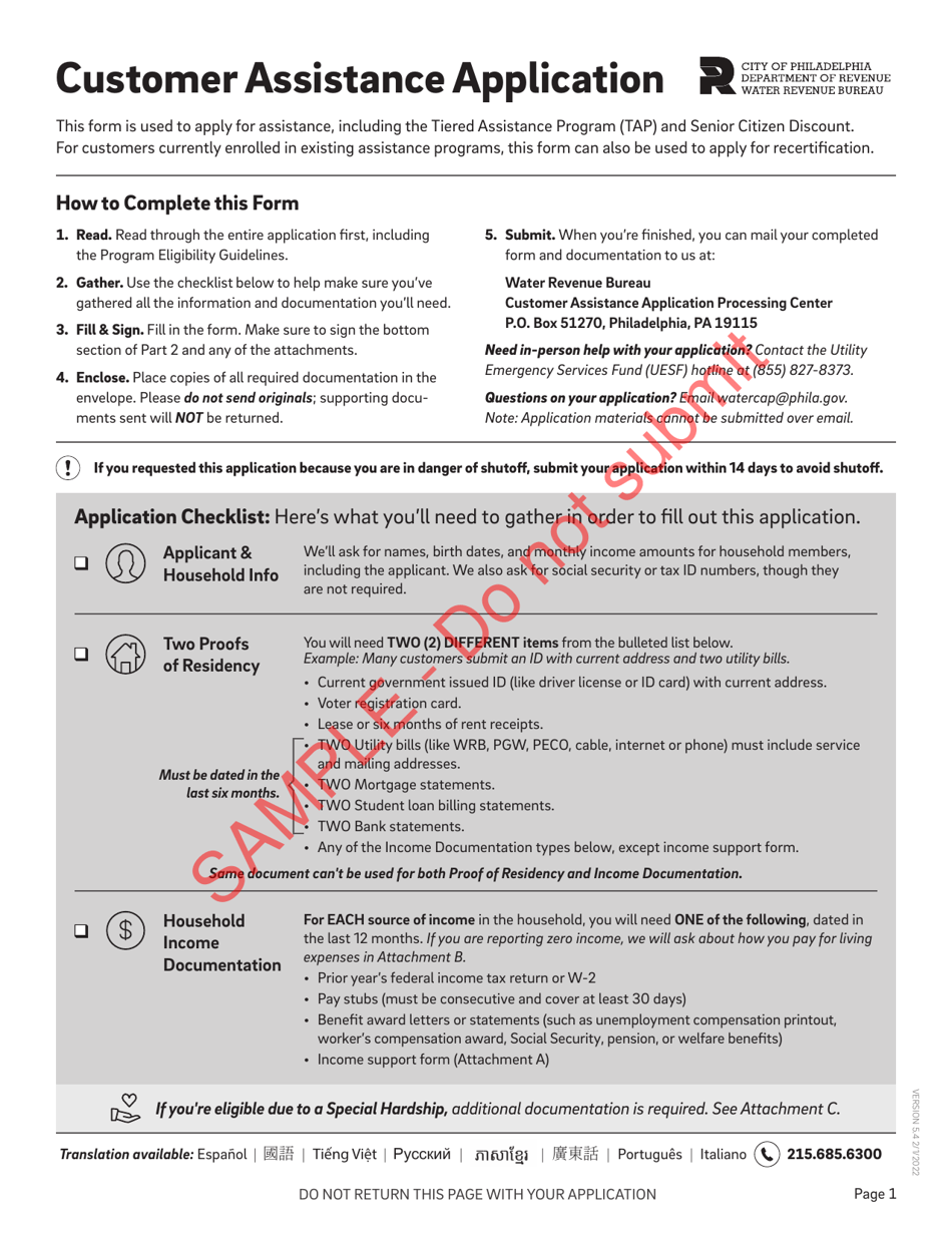 Customer Assistance Application - Sample - City of Philadelphia, Pennsylvania, Page 1