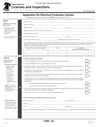 Form AB (L_011_F) &quot;Application for Electrical Contractor License&quot; - City of Philadelphia, Pennsylvania