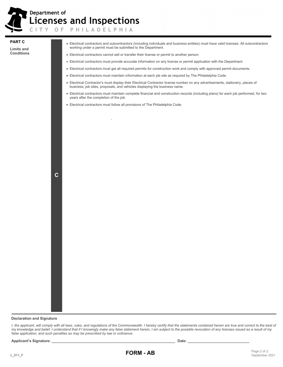 Form AB (L_011_F) Application for Electrical Contractor License - City of Philadelphia, Pennsylvania, Page 2