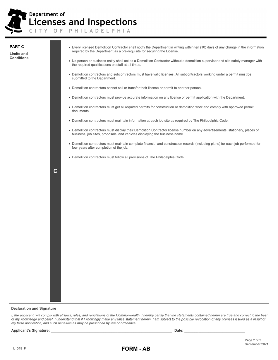 Form AB (L_019_F) Application for Complete Demolition Contractor License - City of Philadelphia, Pennsylvania, Page 2