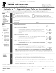 Form AB (L_009_F) &quot;Application for Fire Suppression System Worker and Apprentice License&quot; - City of Philadelphia, Pennsylvania