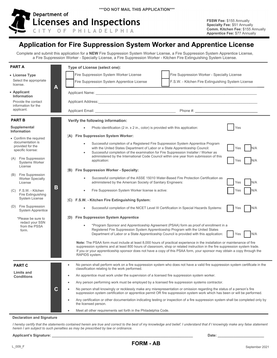 Form AB (L_009_F) Application for Fire Suppression System Worker and Apprentice License - City of Philadelphia, Pennsylvania, Page 1