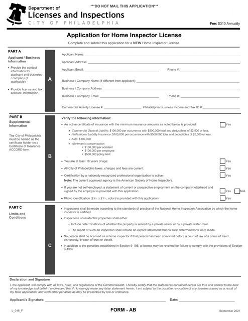 Form L_016_F Application for Home Inspector License - City of Philadelphia, Pennsylvania