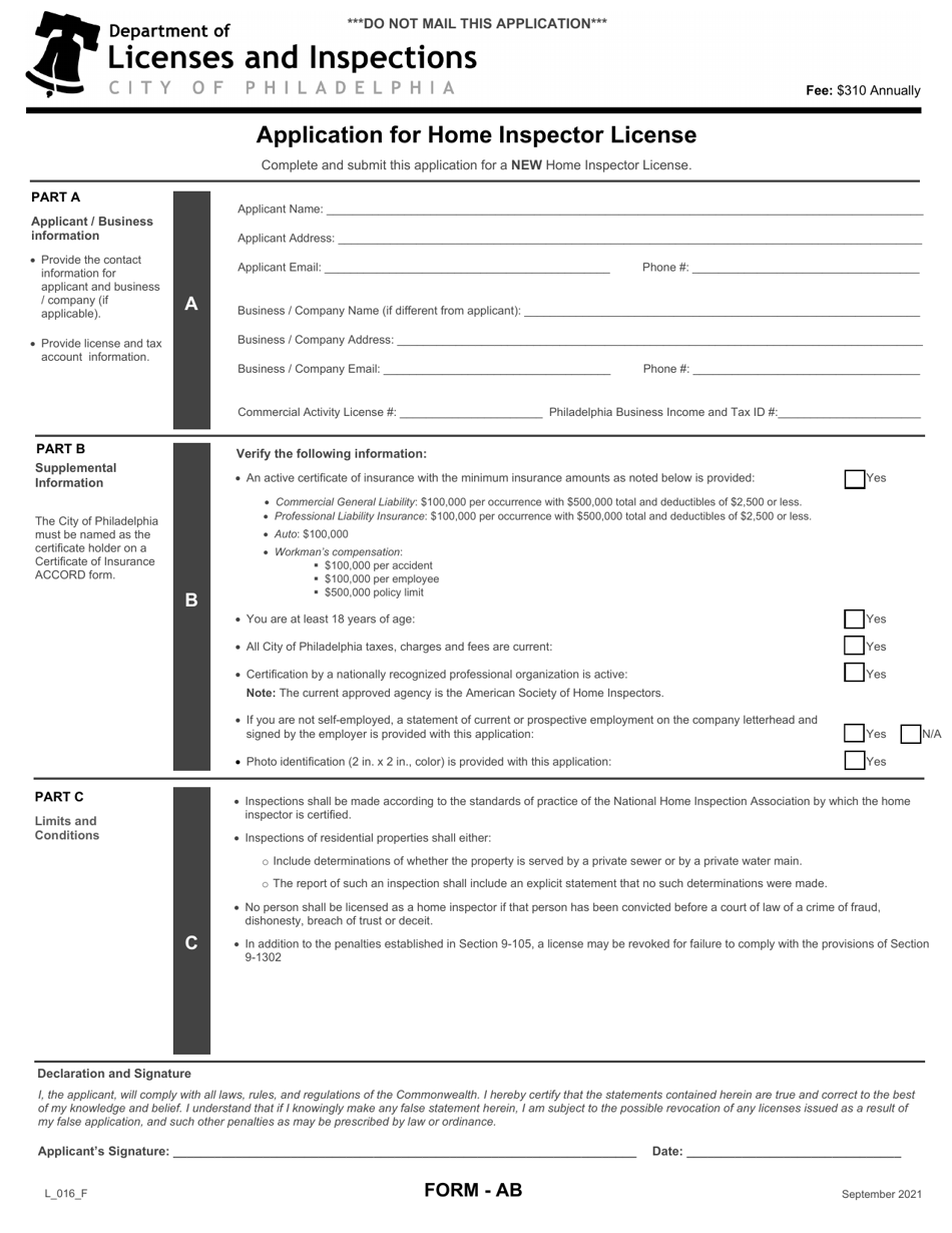 Form L_016_F Application for Home Inspector License - City of Philadelphia, Pennsylvania, Page 1