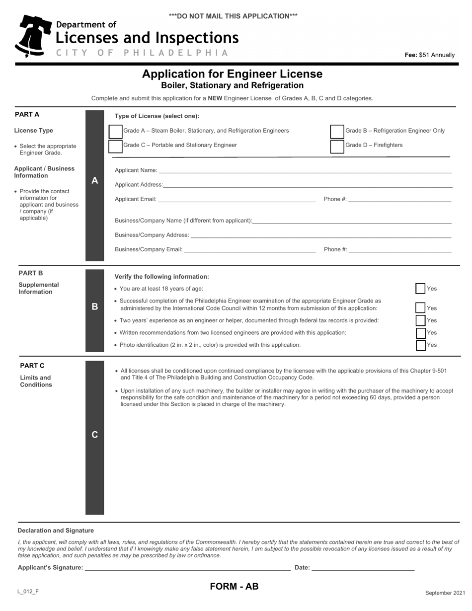 Form AB (L_012_F) Application for Engineer License - City of Philadelphia, Pennsylvania, Page 1
