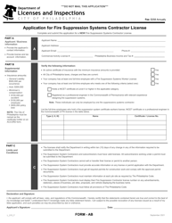 Form AB (L_015_F) &quot;Application for Fire Suppression Systems Contractor License&quot; - City of Philadelphia, Pennsylvania