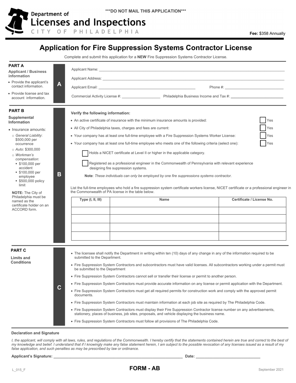 Form AB (L_015_F) Application for Fire Suppression Systems Contractor License - City of Philadelphia, Pennsylvania, Page 1