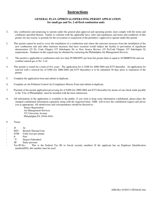 Application for General Plan Approval and General Operating Permit for Small Gas and No. 2 Oil Fired Combustion Units - City of Philadelphia, Pennsylvania Download Pdf