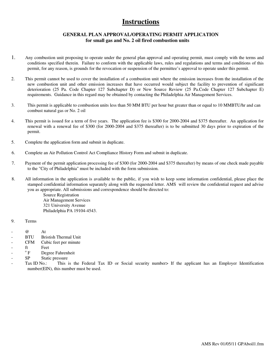 Application for General Plan Approval and General Operating Permit for Small Gas and No. 2 Oil Fired Combustion Units - City of Philadelphia, Pennsylvania, Page 1