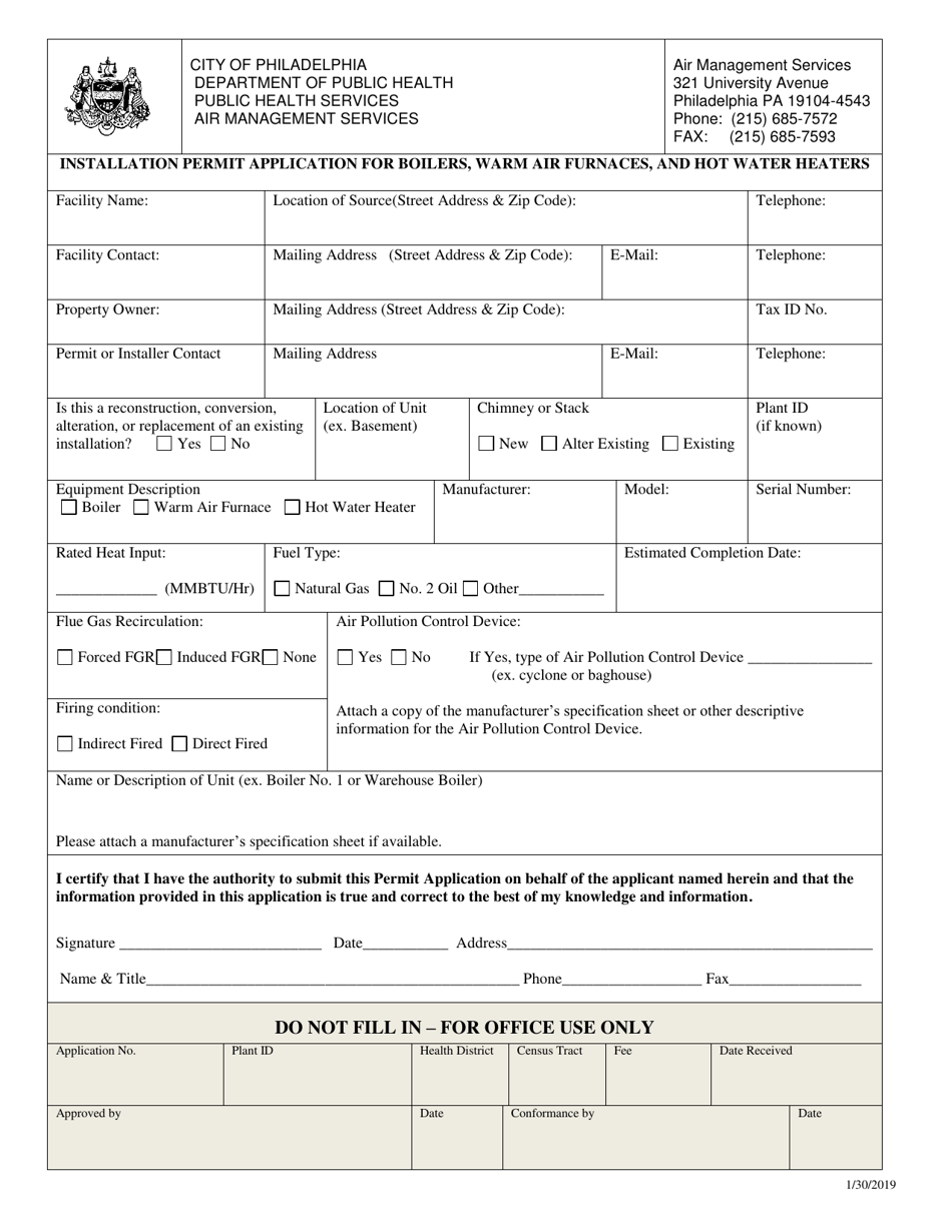 City of Philadelphia, Pennsylvania Installation Permit Application for