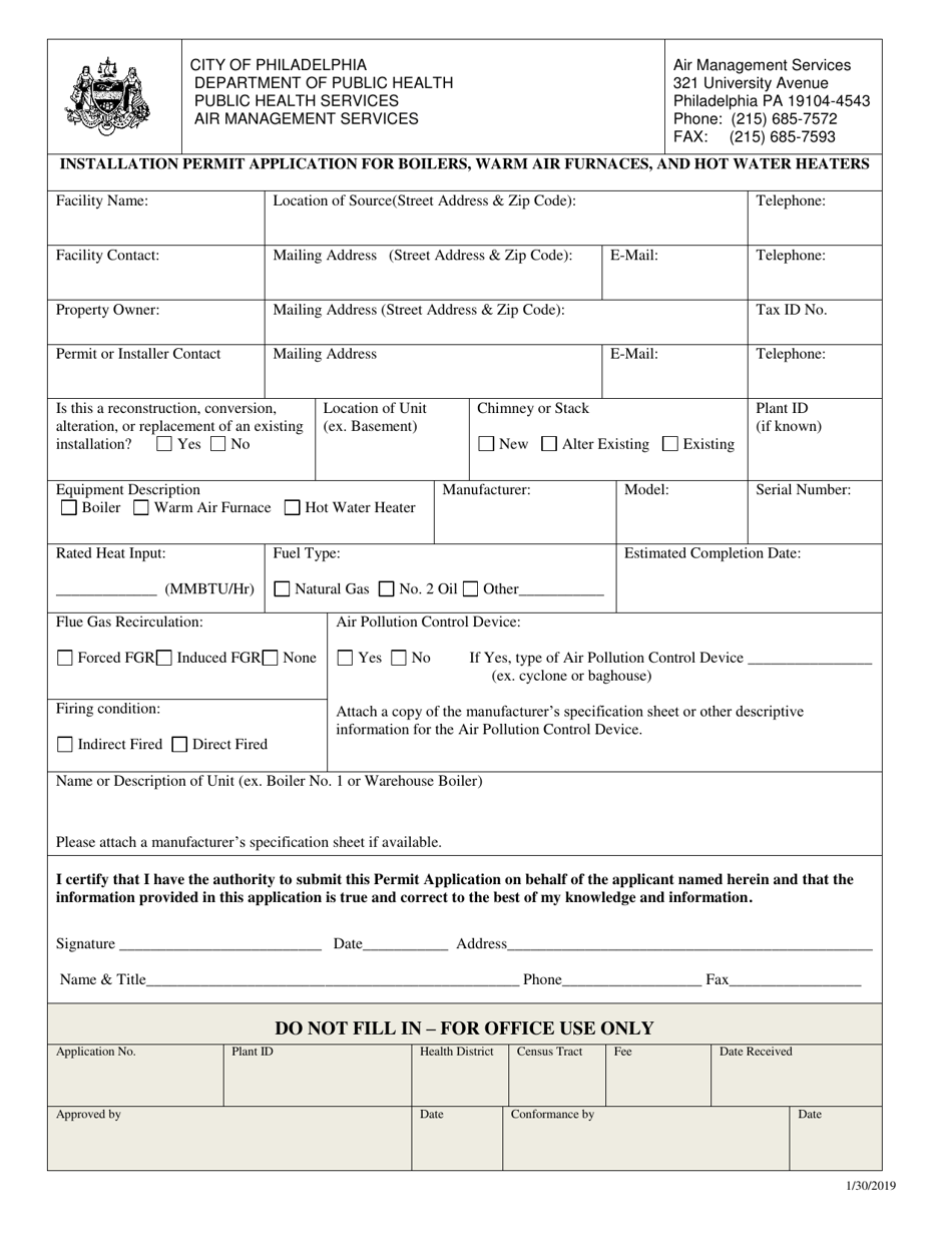 Installation Permit Application for Boilers, Warm Air Furnaces, and Hot Water Heaters - City of Philadelphia, Pennsylvania, Page 1
