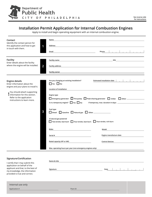 Installation Permit Application for Internal Combustion Engines - City of Philadelphia, Pennsylvania Download Pdf