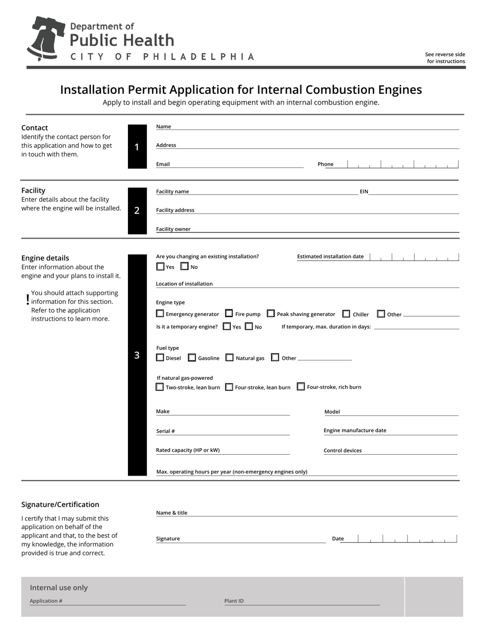 Installation Permit Application for Internal Combustion Engines - City of Philadelphia, Pennsylvania, Page 1