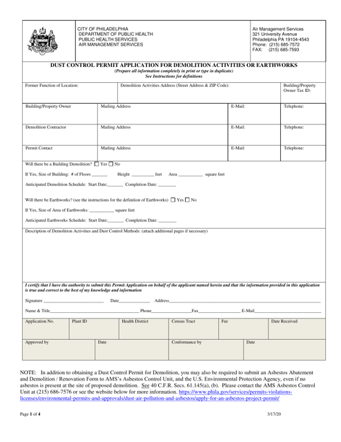 Dust Control Permit Application for Demolition Activities or Earthworks - City of Philadelphia, Pennsylvania Download Pdf