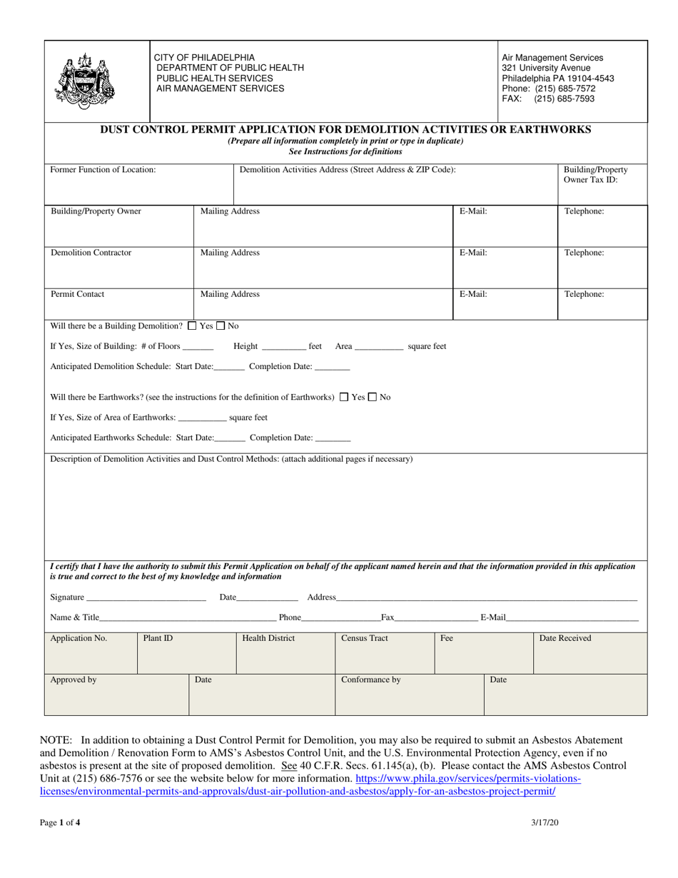 City Of Philadelphia, Pennsylvania Dust Control Permit Application For 