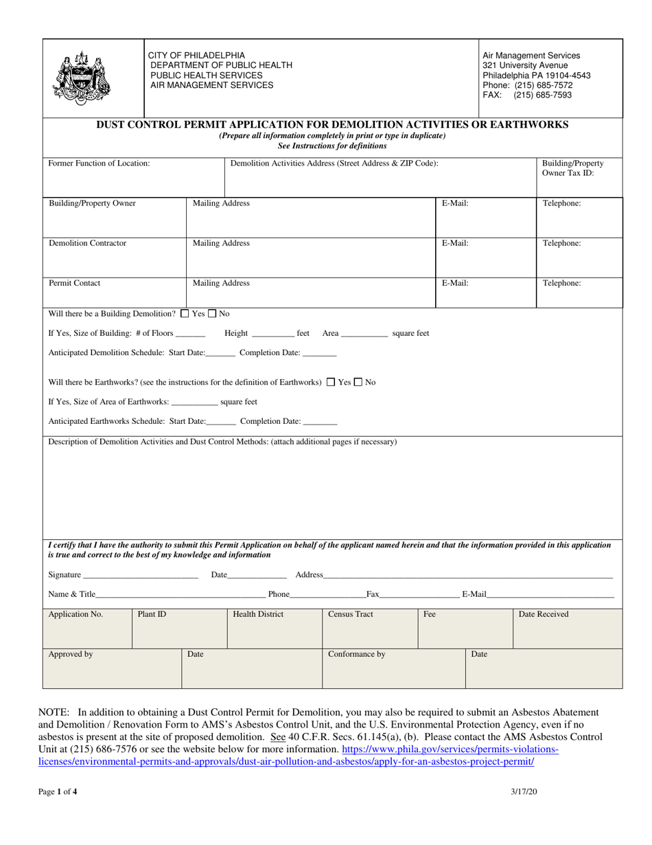 Dust Control Permit Application for Demolition Activities or Earthworks - City of Philadelphia, Pennsylvania, Page 1